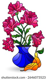 Astained glass illustration with still lifes, flowers and fruits isolated on a white background