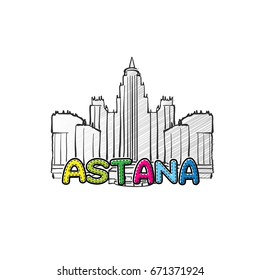 Astana beautiful sketched icon, famous hand-drawn landmark, city name lettering, vector illustration