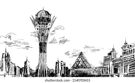 Astana city landmark Kazakhstan silhouette outline sketch drawing. Vector illustration