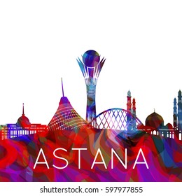 Astana city silhouette, capital of Kazakhstan, creative colorful illustration