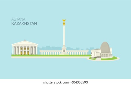 Astana cityscape buildings. Kazakhstan, Central Asia. Flat vector illustration template.