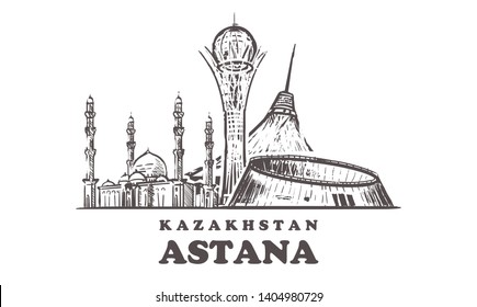 Astana sketch skyline. Nur-Sultan, 
Astana hand drawn vector illustration. Isolated on white background. 
