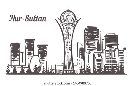 Astana sketch skyline. Nur-Sultan, 
Astana hand drawn vector illustration. Isolated on white background. 
