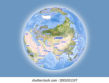 Astana-Kazakhstan is shown on vector globe map. The map shows Astana-Kazakhstan 's location in the world.