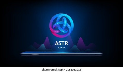 Astar coin icon crypto currency token symbol come out from smartphone with growth chart. Trading cryptocurrency on application. Financial investment. Banner for website or news. Vector EPS10.