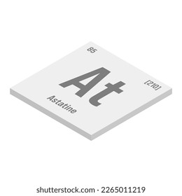Astatina, At, ilustración isométrica 3D gris del elemento de tabla periódica con nombre, símbolo, número atómico y peso. halógeno radiactivo con usos potenciales en el tratamiento del cáncer y como fuente de alfa