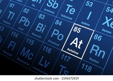 Astatine on periodic table. Extremely radioactive chemical element with symbol At, named after Greek astatos, meaning unstable, and with atomic number 85. Rarest naturally occurring element on Earth.
