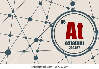 Astatum chemical element. Sign with atomic number and atomic weight. Chemical element of periodic table. Molecule And Communication Background. Connected lines with dots.