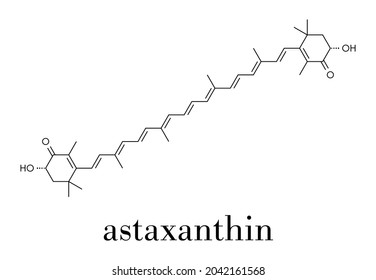 Astaxanthin pigment molecule. Carotenoid responsible for the pink-red color of salmon, lobsters and shrimps. Used as food dye (E161j) and antioxidant food supplement. Skeletal formula.