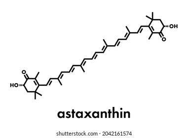 Astaxanthin pigment molecule. Carotenoid responsible for the pink-red color of salmon, lobsters and shrimps. Used as food dye (E161j) and antioxidant food supplement. Skeletal formula.