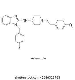Astemizole skeletal structure.Antihistamine compound schematic illustration. Simple diagram, chemical formula.