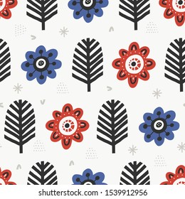 Aster blossoms flat color vector seamless pattern. Cartoon plants on white background. Hand drawn red and blue vintage flowers illustration. Textile, wallpaper, wrapping paper design idea
