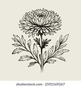 Aster, dahlia, chrysanthemum sketch flowers, 
illustration outline of a flower, 
black and white line art, lineart, 
set of contour flower, line art of flowers, leaves
