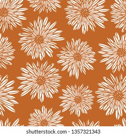 Aster Dahlia Flowers White On Gold Brown Seamless Vector Pattern. Floral Subtle Background. Hand Drawn Contemporary Feminine Art For Summer, Fall, Autumn, Fabric, Paper, Home Decor, Web Banner, Cards