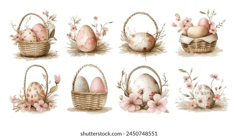 aster eggs in a easter basket decorated with a bow , highlighted on a white background with shadow and reflection, easter basket vector design watercolor