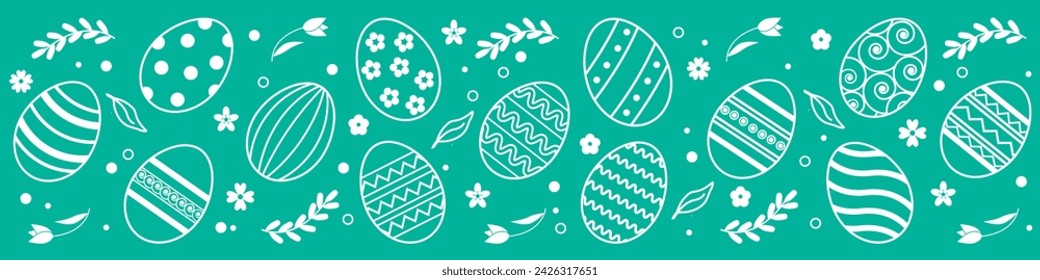 aster eggs horizontal seamless pattern. Easter seamless border. Easter decoration with easter eggs. Hand drawn easter bunnies background.