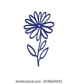 Asterblume. Handgezeichnete Skizze. Blaue Stift- oder Markierungszeichnung. Ein primitives Kinderbild.