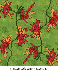 Aster flower red on green with scribble.Seamless pattern.  