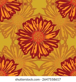 Aster flor padrão sem emenda no fundo de névoa âmbar. Abstrato artístico, floral, botânico, gráfico, floral, ingênuo, primavera, estilizado floral mão desenhada. Ilustração vetorial