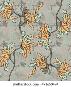 Aster flower yellow on gray with scribble.Seamless pattern.  