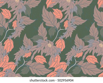 Aster flowers on vine diagonal with pink.Hand drawn floral seamless background.Botanical repainting design for fabric or textile.Seamless pattern with flowers.Vintage retro colors