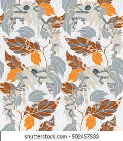 Aster flowers on vine on light gray.Hand drawn floral seamless background.Botanical repainting design for fabric or textile.Seamless pattern with flowers.Vintage retro colors
