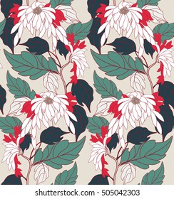Aster flowers on vine with red.Hand drawn floral seamless background.Botanical repainting design for fabric or textile. pattern with flowers.Vintage retro colors