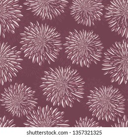 Aster Flowers purple seamless vector pattern. Floral subtle background with layered Aster or Dahlia flowers in purple lilac hues. Hand drawn feminine art for summer, spring, fabric, paper, home decor