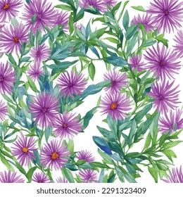 aster flowers seamless pattern watercolor, leaves and branches