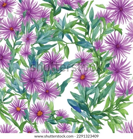 aster flowers seamless pattern watercolor, leaves and branches