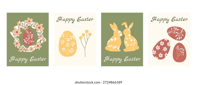 Ostergrusskarte und Banner-Set mit Hasen, Kränzen, Eiern und Frühlingsblumenelementen