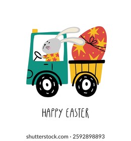 aster illustration with cute bunny driving car, easter egg, flowers, lettering Happy Easter. Spring cartoon print in flat style. Vector design in child style for Easter holiday cards and invitations.