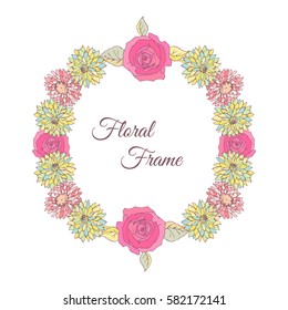 Aster and roses flowes. Round frame card