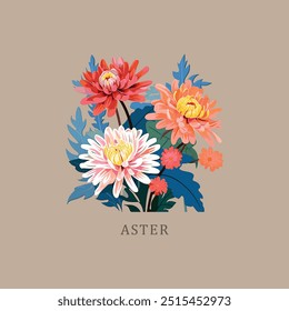 Aster. September Birth month flower. Birth flowers vintage floral illustrations, retro flower market poster. Silkscreen printing retro groovy trippy psychedelic poster art simple minimal 1960's bright