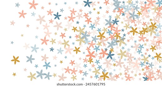 Aster simplistic flowers vector illustration. Gentle garden bloom shapes scattered. Hinamatsuri Girl's Day pattern. Retro flowers Aster abstract blossom. Striped petals.