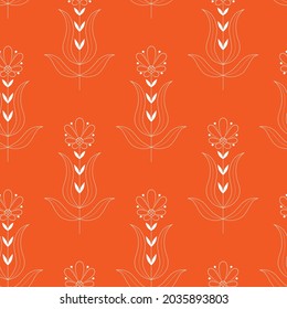 Сhamomile, aster. Vector botanical seamless pattern of isolated plants on a orange background. Delicate blooming field herb. Design of bouquets for fabric. Stock illustration for the textile.