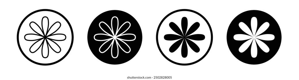 Aster vector icon set black filled and outlined style.