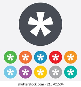 Asterisk footnote sign icon. Star note symbol for more information. Round colourful 11 buttons. Vector