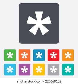 Asterisk footnote sign icon. Star note symbol for more information. Rounded squares 11 buttons. Vector