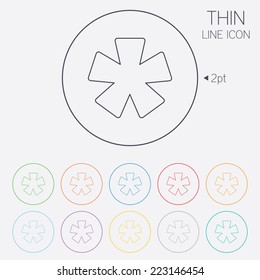 Asterisk footnote sign icon. Star note symbol for more information. Thin line circle web icons with outline. Vector