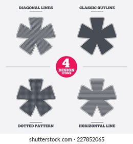 Asterisk footnote sign icon. Star note symbol for more information. Diagonal and horizontal lines, classic outline, dotted texture. Pattern design icons.  Vector