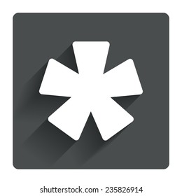 Asterisk footnote sign icon. Star note symbol for more information. Gray flat square button with shadow. Modern UI website navigation. Vector