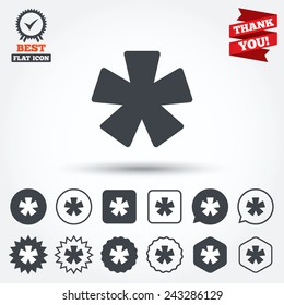 Asterisk footnote sign icon. Star note symbol for more information. Circle, star, speech bubble and square buttons. Award medal with check mark. Thank you ribbon. Vector
