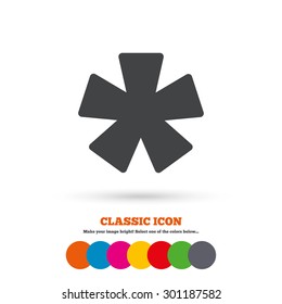Asterisk footnote sign icon. Star note symbol for more information. Classic flat icon. Colored circles. Vector