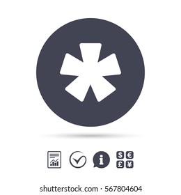 Asterisk footnote sign icon. Star note symbol for more information. Report document, information and check tick icons. Currency exchange. Vector