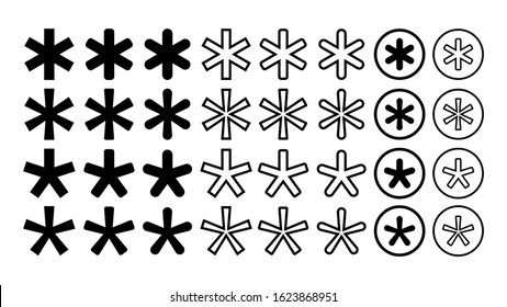 Asterisk Footnote Star Note Collection Set Vector. Different Design Asterisk Painted And In Circle. Password Secret, Security Sign. Cross Symbol For Secrecy Code Concept Template Illustrations