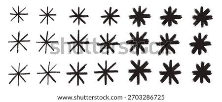Asterisk handwriting shape sign. Irregular snowflakes icon elements set. Abstract graphite pencil stars collection. Uneven ink brush stroke snow flakes. Simple blink marker symbol. Vector illustration