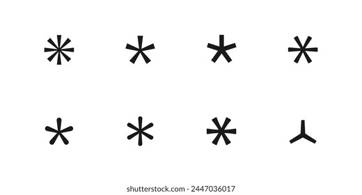 Asterisk icon set. Multiply, apostrophe or punctuation vector symbol. Password input security mark isolated. Advertisement footnote logo. Code cross web star.