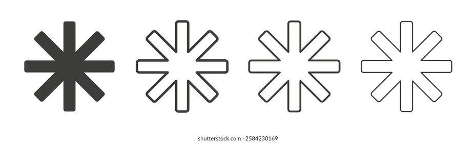 Asterisk icons set. Liner outlined and flat black color