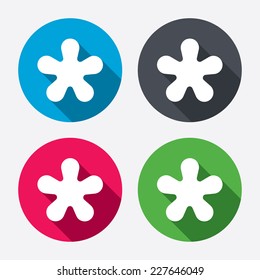 Asterisk round footnote sign icon. Star note symbol for more information. Circle buttons with long shadow. 4 icons set. Vector